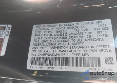 2021 Honda Cr-V 2Wd Ex-L z USA, uszkodzony, nr VIN 2HKRW1H82MH419711